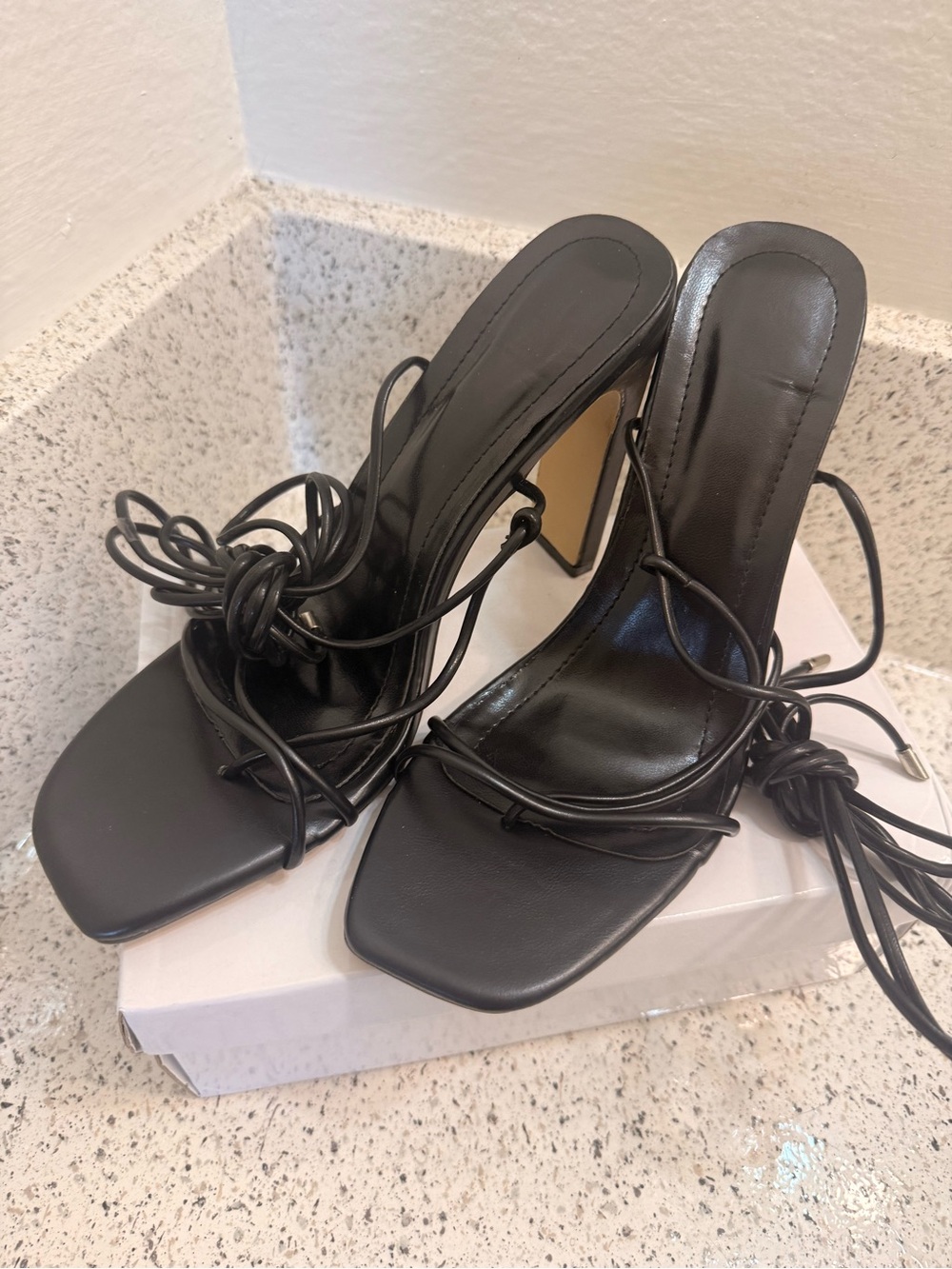 Black Strappy Square-Toe Heeled Sandals